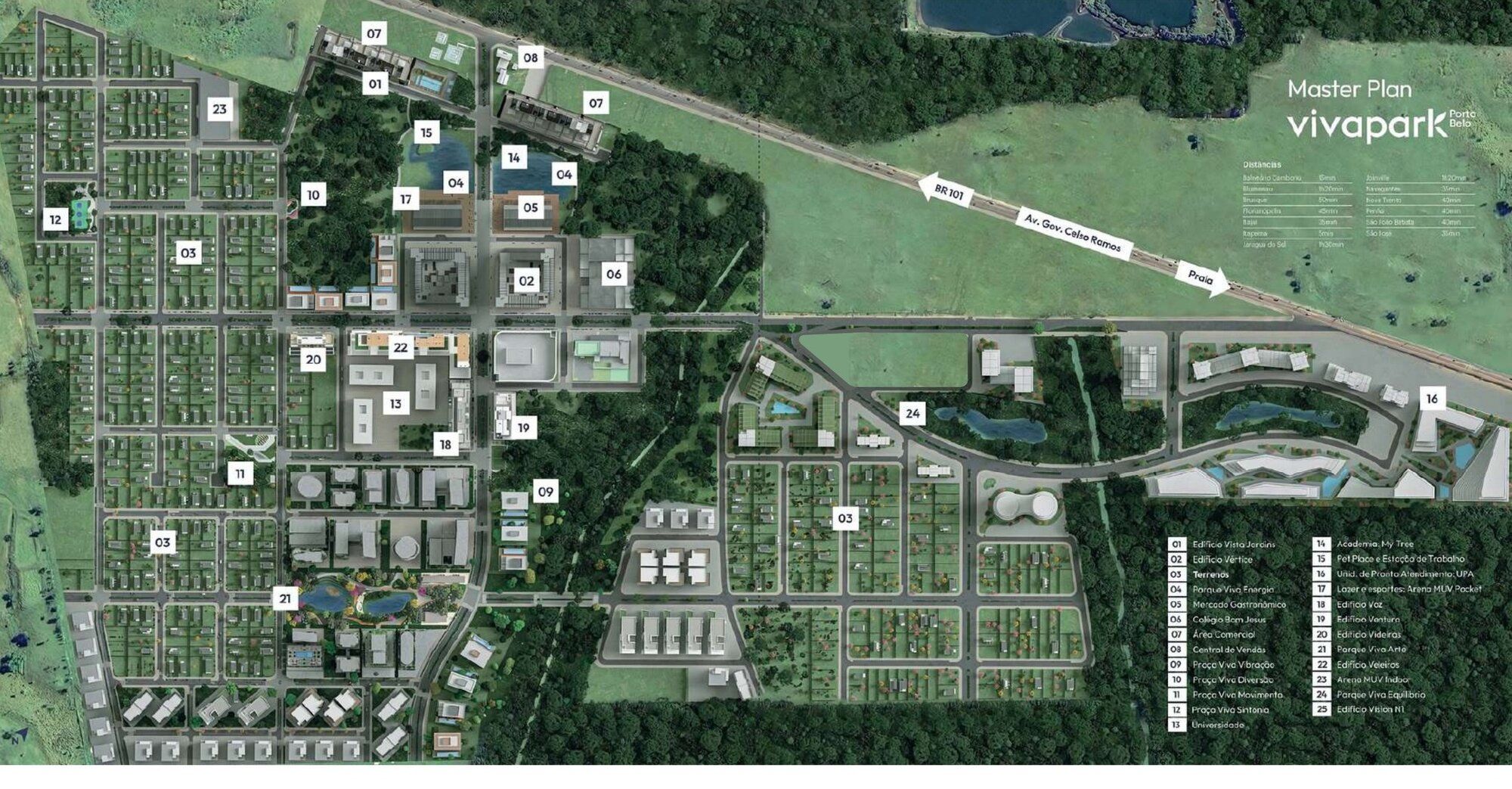 Master plan do Vivapark Porto Belo, fases 1, 2 e 3, com prédios, parques, escola, comércio e terrenos numerados