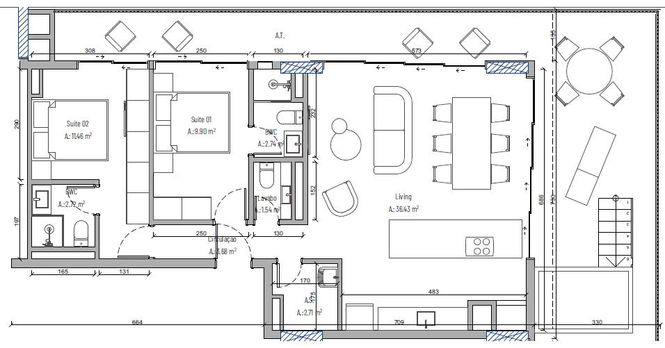Planta 2 Suítes + Piscina · Vértice 1606 - A