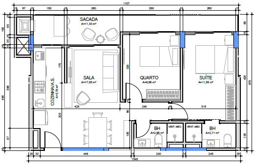 Planta 1 Suíte + 1 Dorm + Sacada · Ventura 605