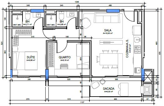 Planta 1 Suíte + 1 Dorm + Sacada · Ventura 1410
