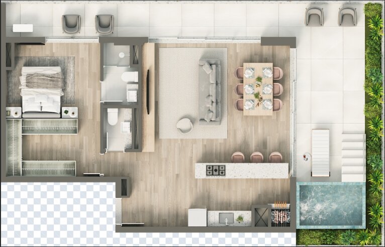 Planta 1 Suíte + Piscina · Vértice 1409 - A