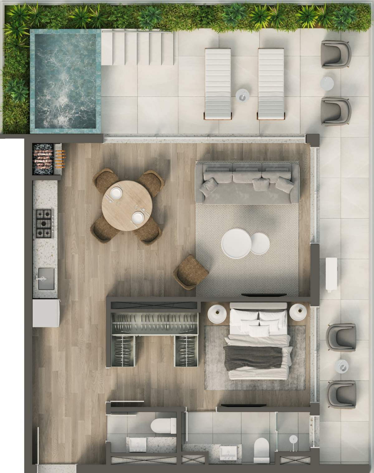 Planta 1 Suíte + Piscina · Vértice 1501 - A