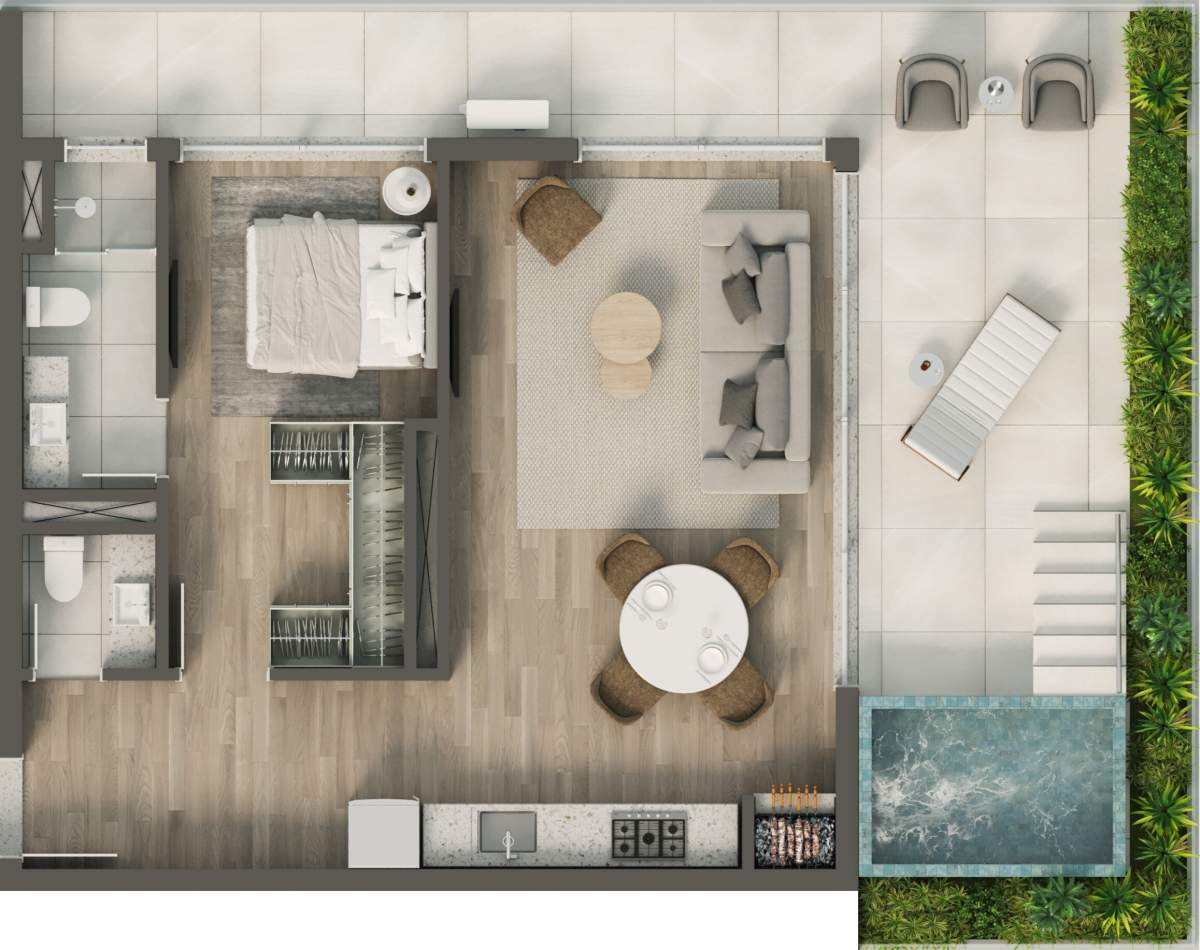 Planta 1 Suíte + Piscina · Vértice 1508 - B