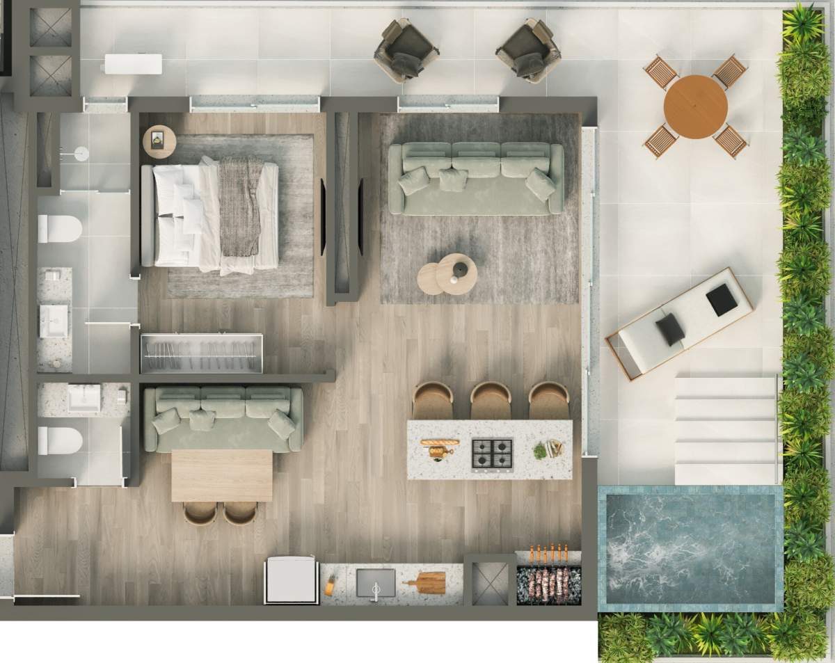 Planta 1 Suíte + Piscina · Vértice 1803 - B