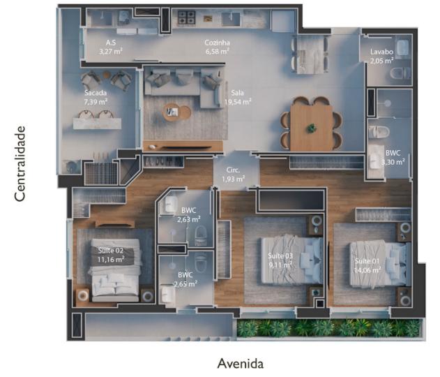 Planta 3 Suítes + Sacada · Ventura 1302