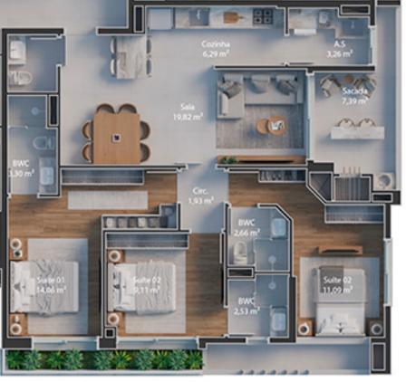 Planta 3 Suítes + Sacada · Ventura 1408