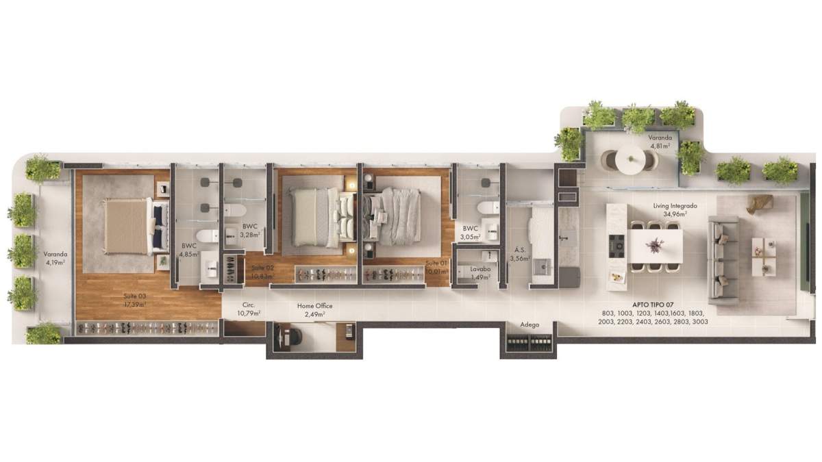 Planta 3 Suítes + Sacada · Vision 2203 B