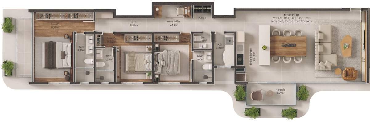 Planta 3 Suítes + Sacada · Vision 2302 B