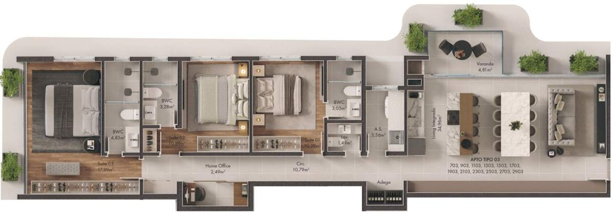 Planta 3 Suítes + Sacada · Vision 1703 B