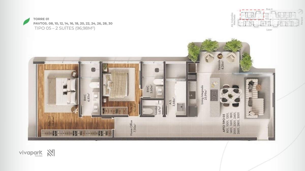 Planta 2 Suítes + Sacada · Vision 801 A