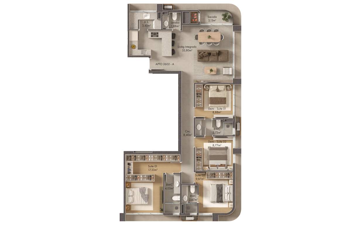 Planta 2 Suítes + 2 Demi · Verenna 3202 - A