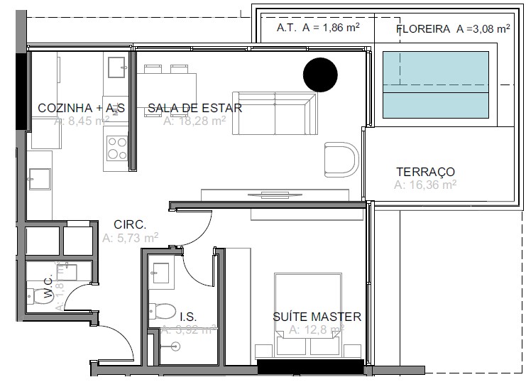Planta 1 suíte + Piscina · Vitta 27 1104A