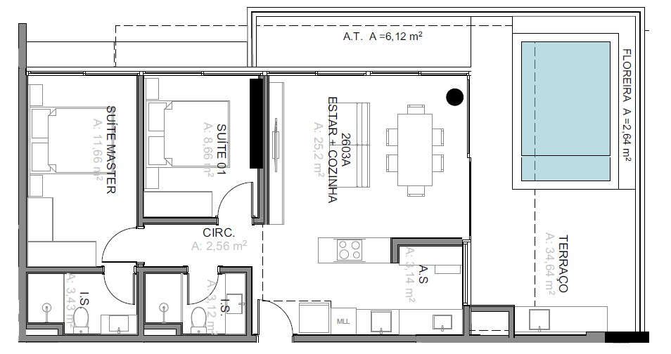 Planta 1 Suíte + 1 Dorm + Piscina · Vitta 27 2603A