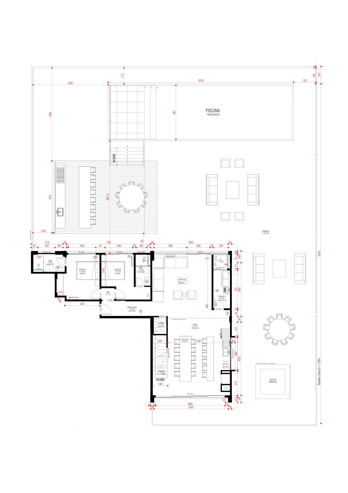 Planta 3 Suítes + Sacada e terraço · Vista Jardins 412