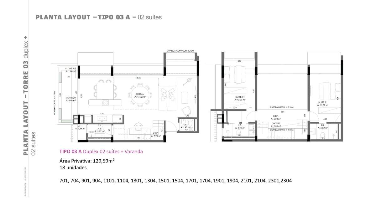 Planta 2 Suítes duplex + Sacada · Veleiros 2104 T3