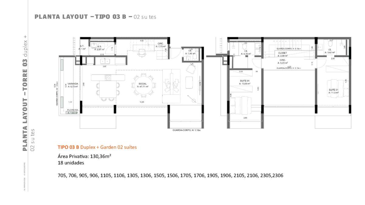 Planta 2 Suítes duplex + Sacada · Veleiros 2306 T3