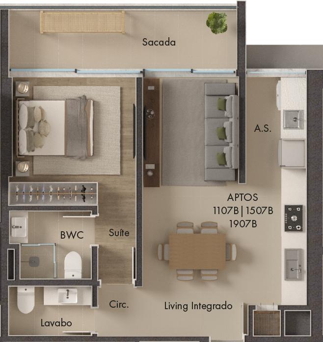 Planta 1 Suíte + Sacada · Vitta 27 1707B